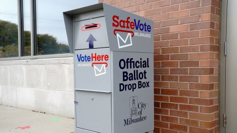 A SafeVote official ballot drop box for mail-in ballots is seen outside a polling site at the Milwaukee Public Library's Washington Park location in Milwaukee, on the first day of in-person voting in Wisconsin, U.S., October 20, 2020. 