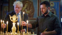 Volodymyr Zelenskyy and Boris Johnson visited St. Michael's Golden-Domed Monastery in Kiev, Ukraine, on June 17, 2022. The leaders of the two states placed candles near the iconostasis. Boris Johnson makes second surprise visit to Kyiv. Photo by Ukrainian Presidency via ABACAPRESS.COMNo Use Russia.