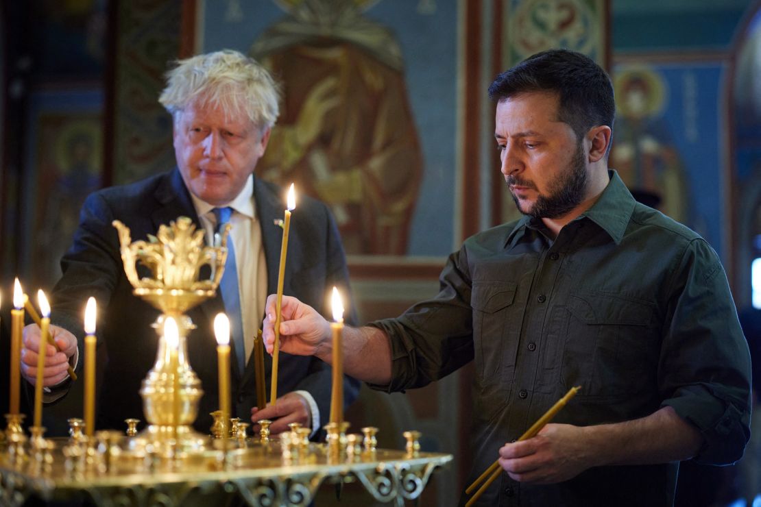 Volodymyr Zelensky and Boris Johnson visited St. Michael's Golden-Domed Monastery in Kiev, Ukraine, on June 17, 2022.