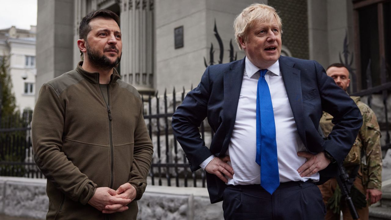British Prime Minister Boris Johnson and Ukrainian President Volodymyr Zelensky walk at Khreschatyk Street and Independence Square during their meeting in Kyiv, Ukraine on April 9, 2022.