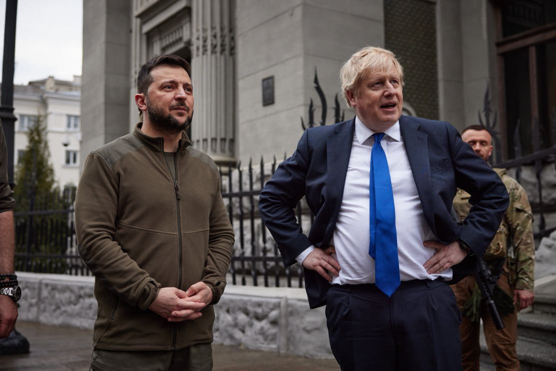 British Prime Minister Boris Johnson and Ukrainian President Volodymyr Zelensky walk at Khreschatyk Street and Independence Square during their meeting in Kyiv, Ukraine on April 9, 2022.
