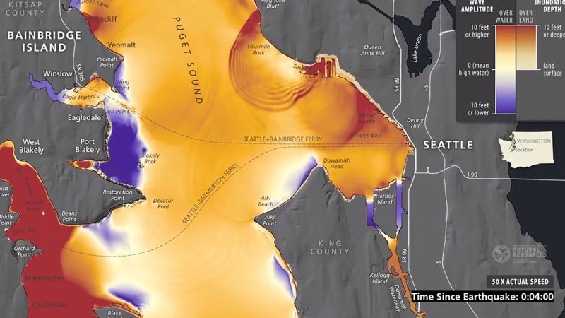 Simulations show that tsunami waves as high as 42 feet could hit Seattle in minutes if a major earthquake occurred at the Seattle Fault.