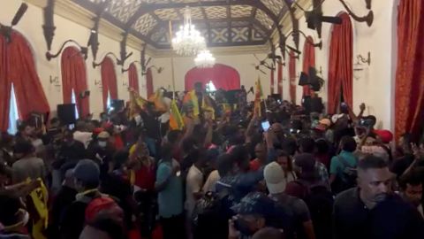 Demonstrators protest inside Gotabaya Rajapaksa's residence, in Colombo, Sri Lanka, in this screengrab obtained from social media video on July 9, 2022. 