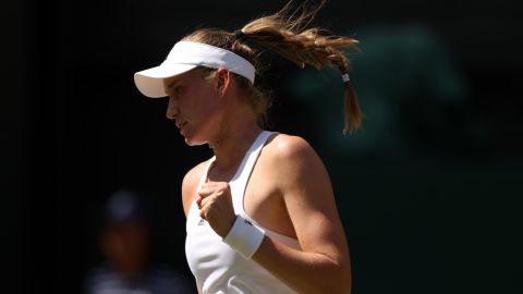 Rybakina celebrates against Jabeur during women's singles final at Wimbledon.