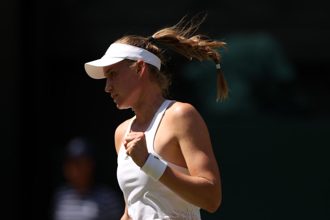 Rybakina celebrates against Jabeur during women's singles final at Wimbledon.