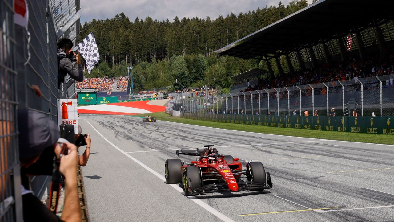 Leclerc crosses the finish line to win the Austrian Grand Prix.