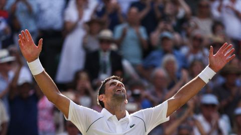 Djokovic celebrates after beating Kyrgios.