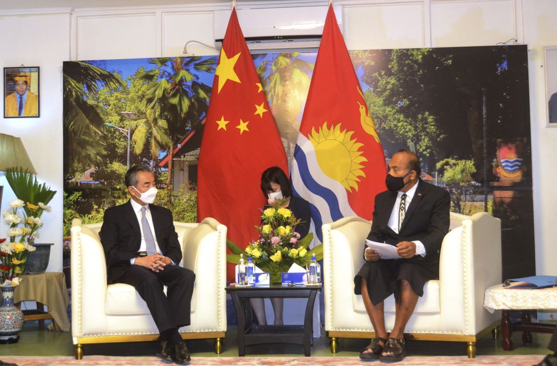 Chinese Foreign Minister Wang Yi meets Kiribati President Taneti Maamau in Tarawa, Kiribati, on May 27.