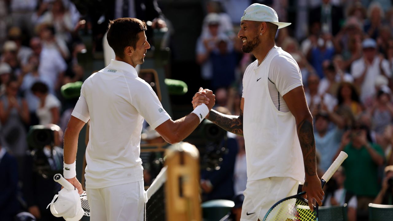 Djokovic and Kyrgios shake hands after the Wimbledon men's singles final.