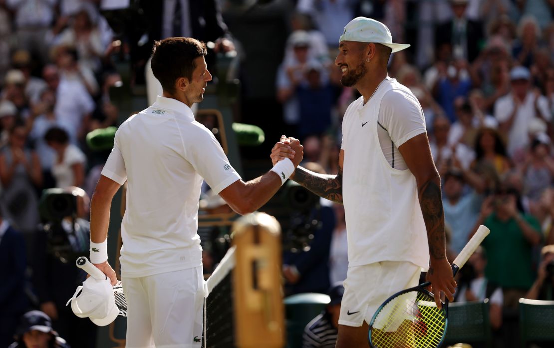 Djokovic and Kyrgios shake hands after the Wimbledon men's singles final.