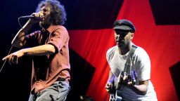 Zack de la Rocha (L) and Tom Morello of Rage Against The Machine perform as part of L.A. Rising at the Los Angeles Memorial Coliseum in Los Angeles, California. (Photo by Tim Mosenfelder/Corbis via Getty Images)