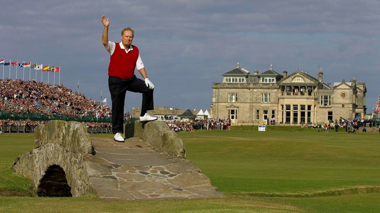Jack Nicklaus waves on the Swilcan Bridge during the 134th Open held on the Old Course at St Andrews from July 14-17, 2005.