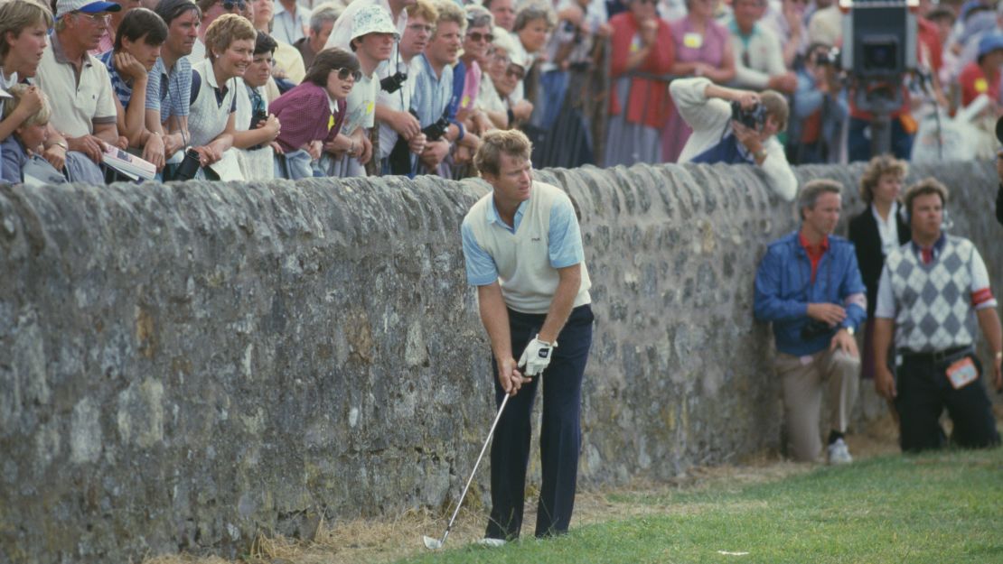 Tom Watson takes his third shot at the 17th hole during the final round of the 1984 Open at St Andrews. 