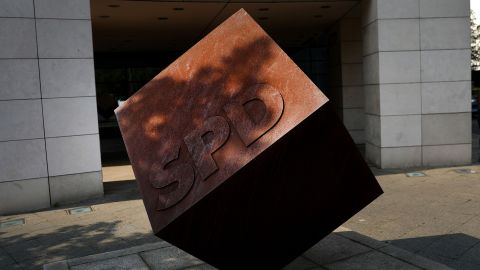 A cube-shaped sculpture outside the Social Democrat Party headquarters in Berlin, Germany.