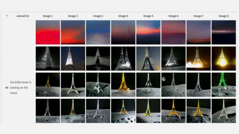 An image showing how the AI system Craiyon, initially known as DALL-E Mini, got better at generating images over time for the prompt "the Eiffel Tower is landing on the moon".