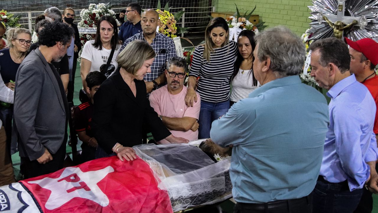 Workers Party president Gleisi Hoffmann pays last respects to the leader of the PT in Foz do Iguacu Marcelo Arruda, during his wake on July 10, 2022. 