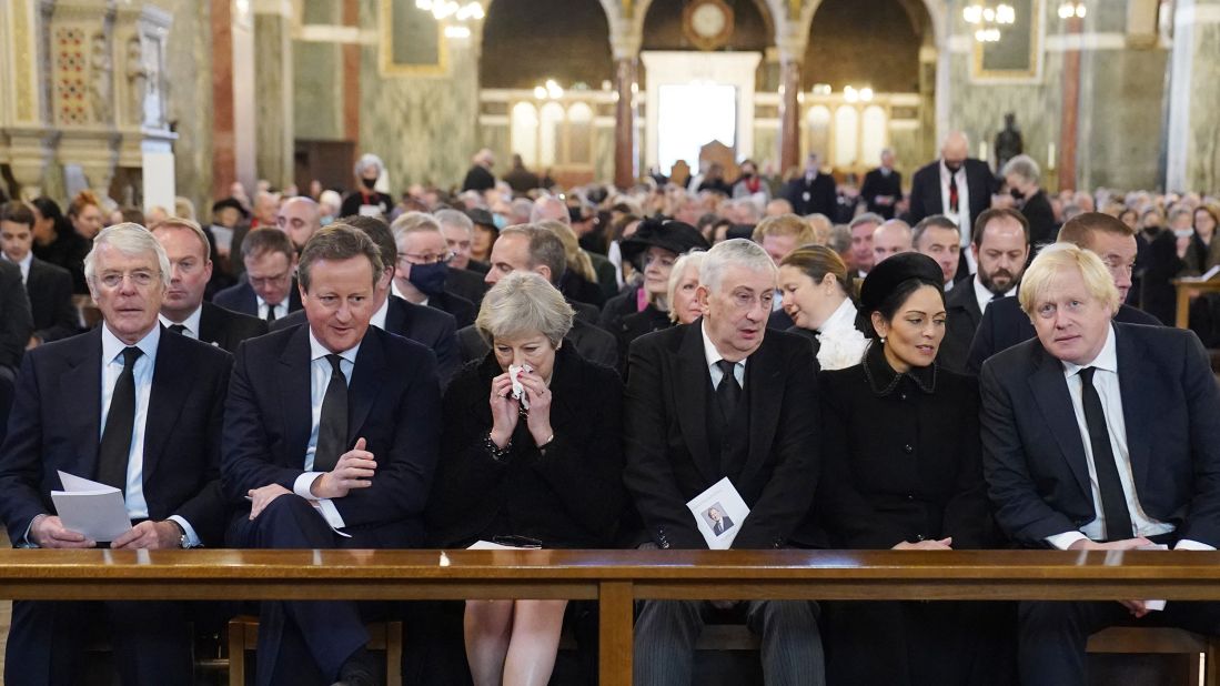 Johnson and former British prime ministers attend a requiem Mass for Conservative MP David Amess in November 2021. From left are former Prime Ministers John Major, David Cameron and Theresa May, Speaker of the House of Commons Lindsay Hoyle, Home Secretary Priti Patel and Johnson.