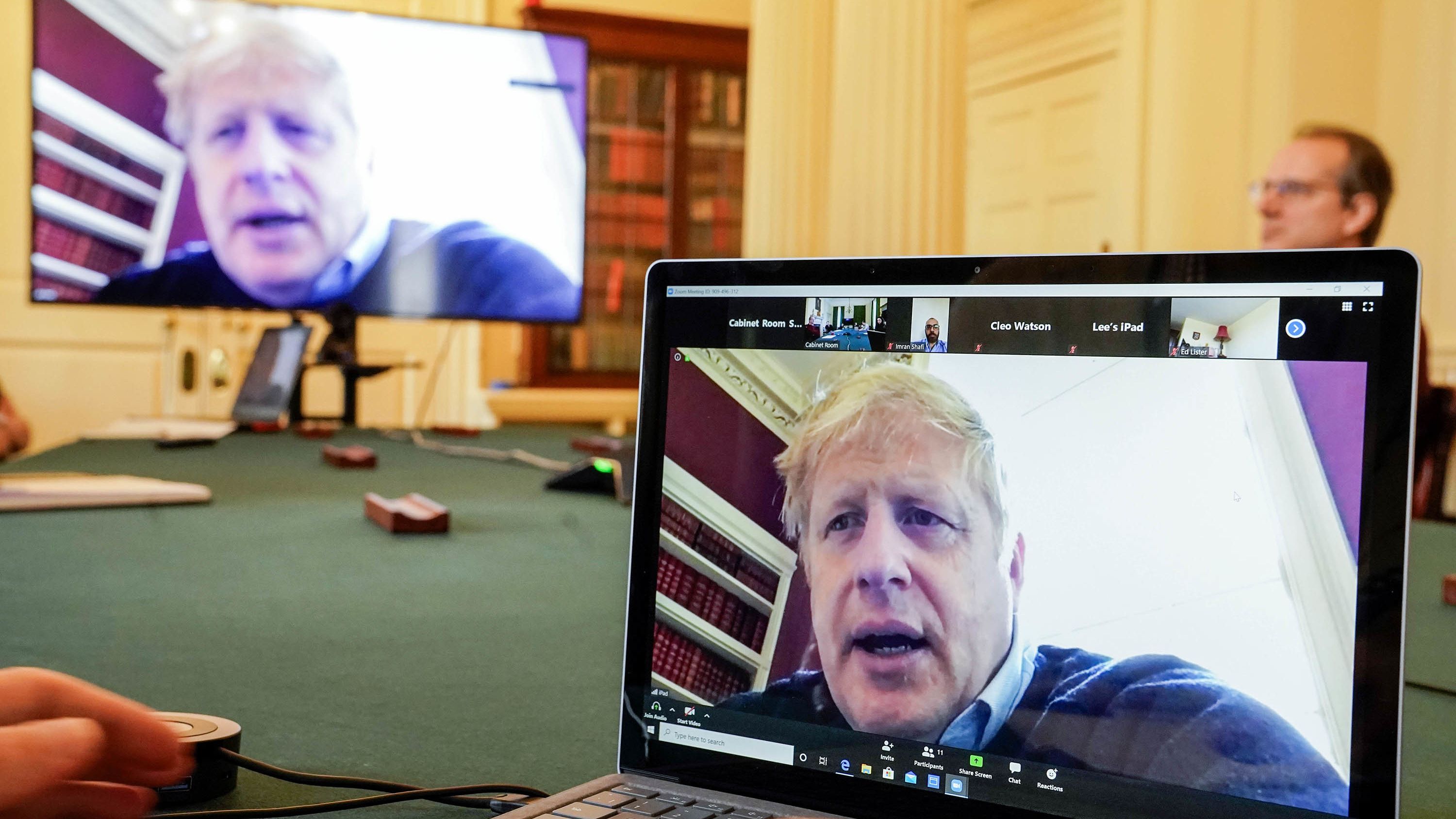 Johnson is seen via video conference as he attends a Covid-19 meeting remotely in March 2020.