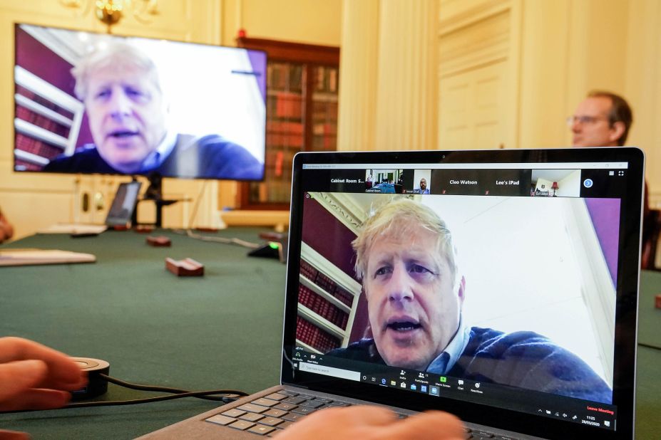 Johnson is seen via video conference as he attends a Covid-19 meeting remotely in March 2020.