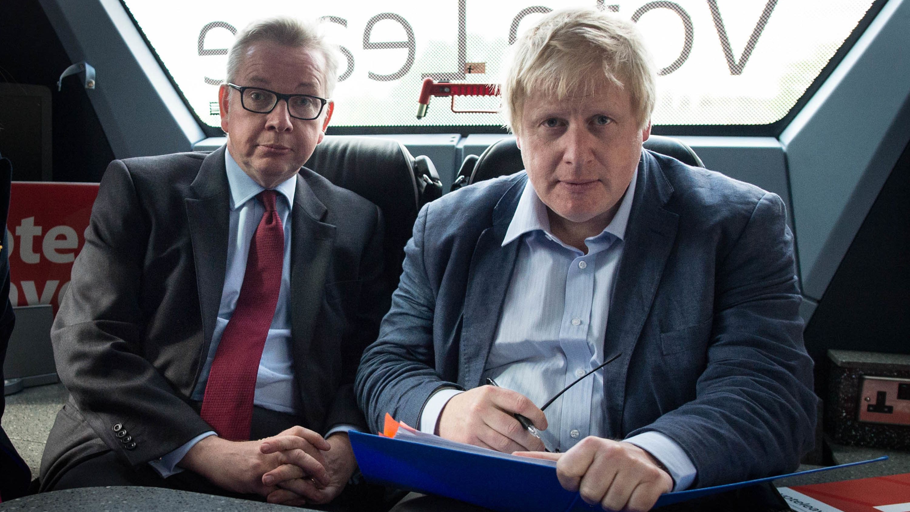 Johnson and Michael Gove ride on a "Vote Leave" campaign bus in June 2016.
