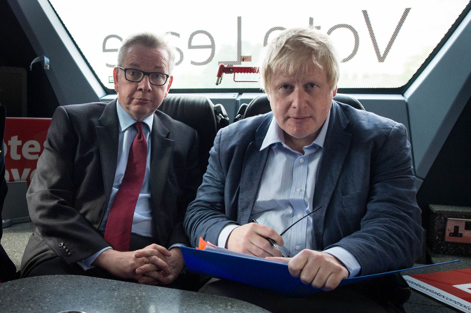 Johnson and Michael Gove ride on a "Vote Leave" campaign bus in June 2016.