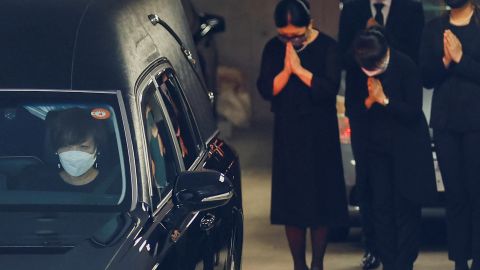 Akie Abe, wife of late former Japanese Prime Minister Shinzo Abe, who was shot while campaigning for a parliamentary election, accompanies her husband's body to a night vigil at a temple in Tokyo on July 11.