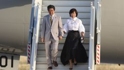 Japanese Prime Minister Shinzo Abe and wife Akie Abe arrive at Marka international airport on April 30, 2018 in Amman, Jordan. Abe is on a Middle East tour visiting the UAE, Jordan, Israel and the Palestinian territories.