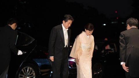 Shinzo and Akie Abe arrive at the Imperial Palace in Tokyo after the Ceremony of the Enthronement of Emperor Naruhito  in 2019. 