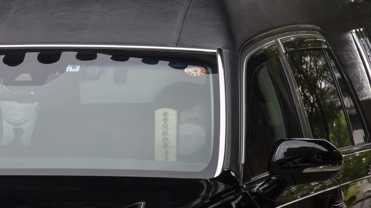 Akie Abe, widow of former Japanese Prime Minister Shinzo Abe, leaves the Zojoji Temple after his funeral on July 12.