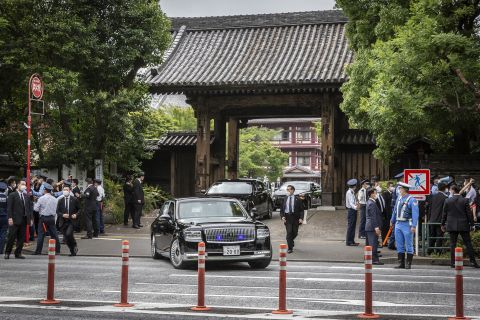 A car carrying Japanese Prime Minister Fumio Kishida leaves Zojoji temple after the funeral for former Prime Minister Shinzo Abe on July 12, in Tokyo, Japan. 
