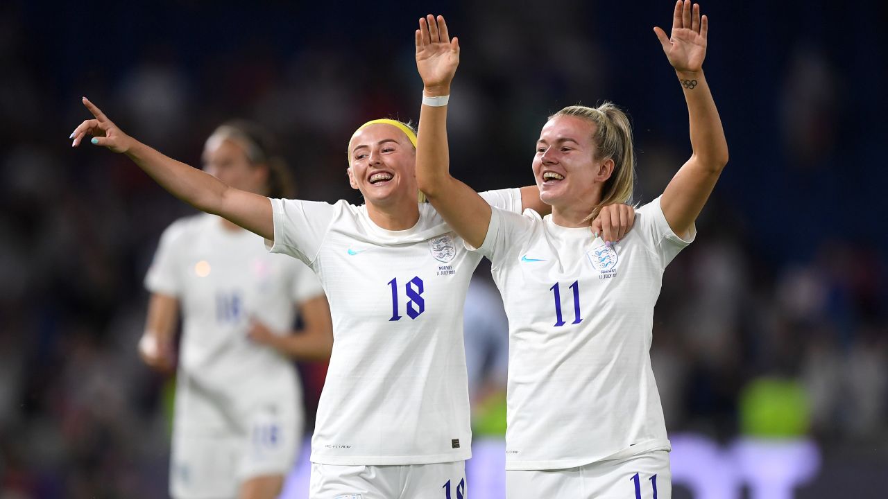 Chloe Kelly and Lauren Hemp celebrate following the victory over Norway.