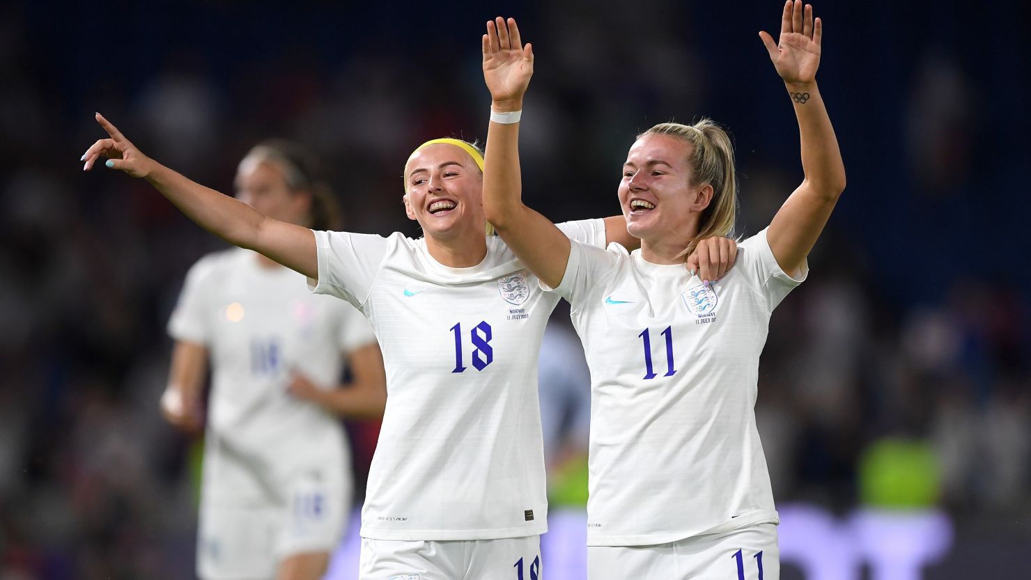 Chloe Kelly and Lauren Hemp celebrate following the victory over Norway.