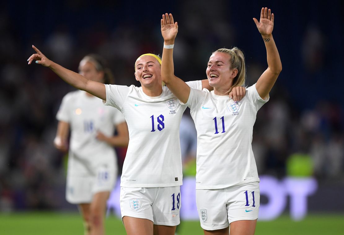 Chloe Kelly and Lauren Hemp celebrate following the 8-0 win over Norway.