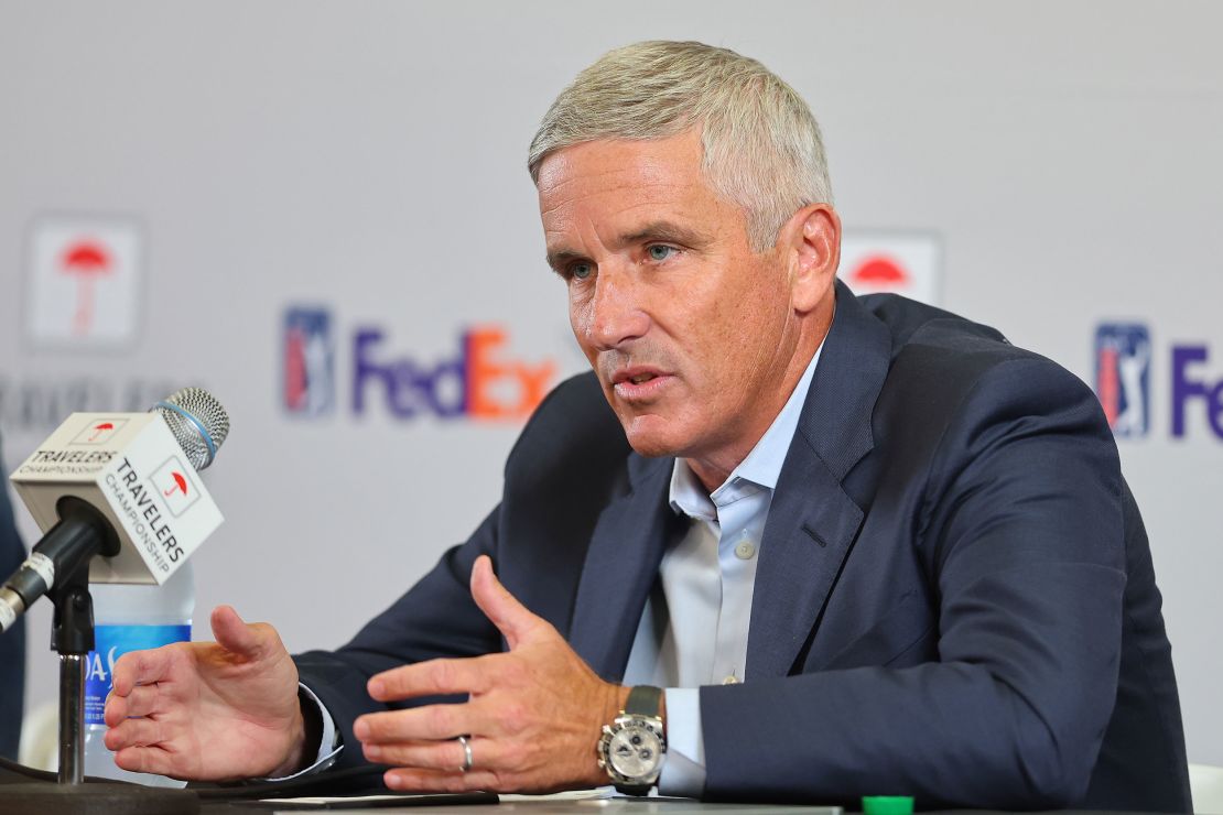 Jay Monahan addresses the media during a news conference prior to the Travelers Championship at TPC River Highlands on June 22, 2022.