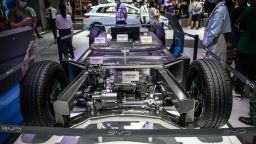 A BYD electric vehicle platform is on display during the Guangdong-Hong Kong-Macao Greater Bay Area International Auto Show 2022 at Shenzhen Convention and Exhibition Center on June 5, 2022 in Shenzhen, Guangdong Province of China.