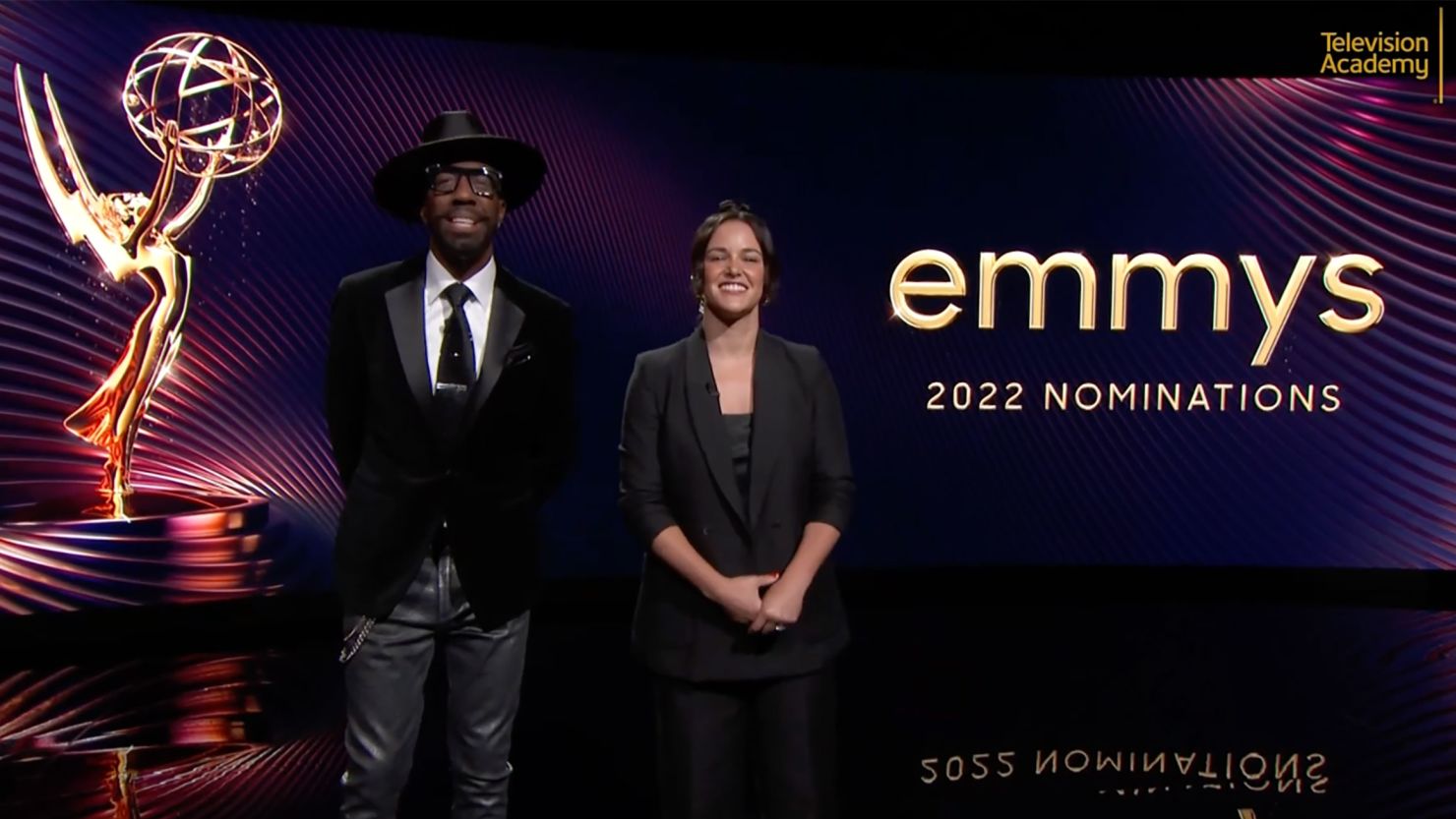 JB Smoove and Melissa Fumero present the nominees for the 74th Emmy Awards on July 12, 2022.