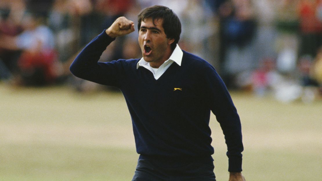 Seve Ballesteros celebrates after he holes out on the final 18th green to win the 1984 Open.