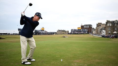 Tom Watson tees off on the 18th hole at St Andrews Old Course on July 11, 2022, during the Celebration of Champions, prior to the 150th Open.