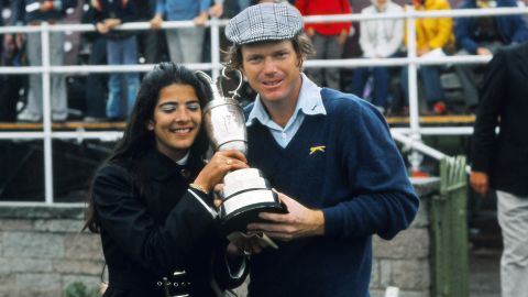 Tom Watson celebrates winning the 1975 Open at Carnoustie, Scotland, with his wife.