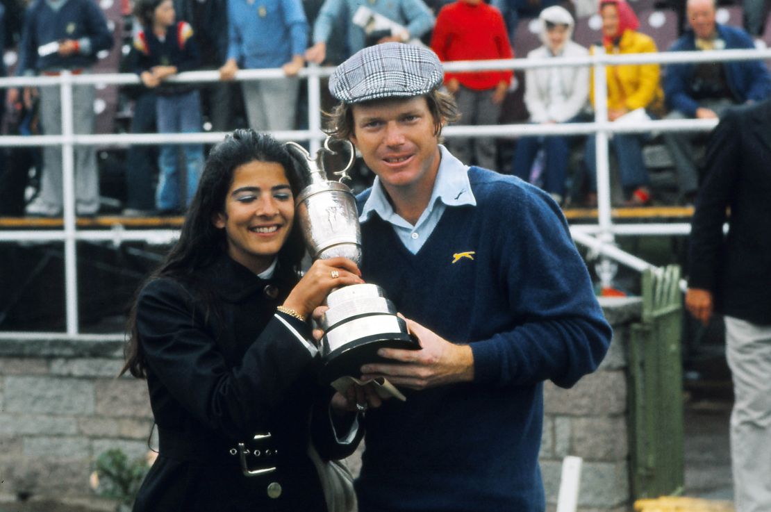 Tom Watson celebrates winning the 1975 Open at Carnoustie, Scotland, with his wife.