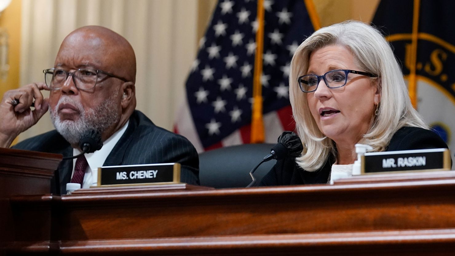 Chairman Bennie Thompson of Mississippi listens as Vice Chair Liz Cheney of Wyoming speaks at a hearing before the House select committee investigating the Jan. 6 attack on the US Capitol.