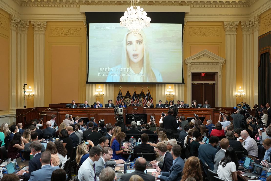 A video of Ivanka Trump is shown on screen during the seventh hearing held by the committee on July 12.