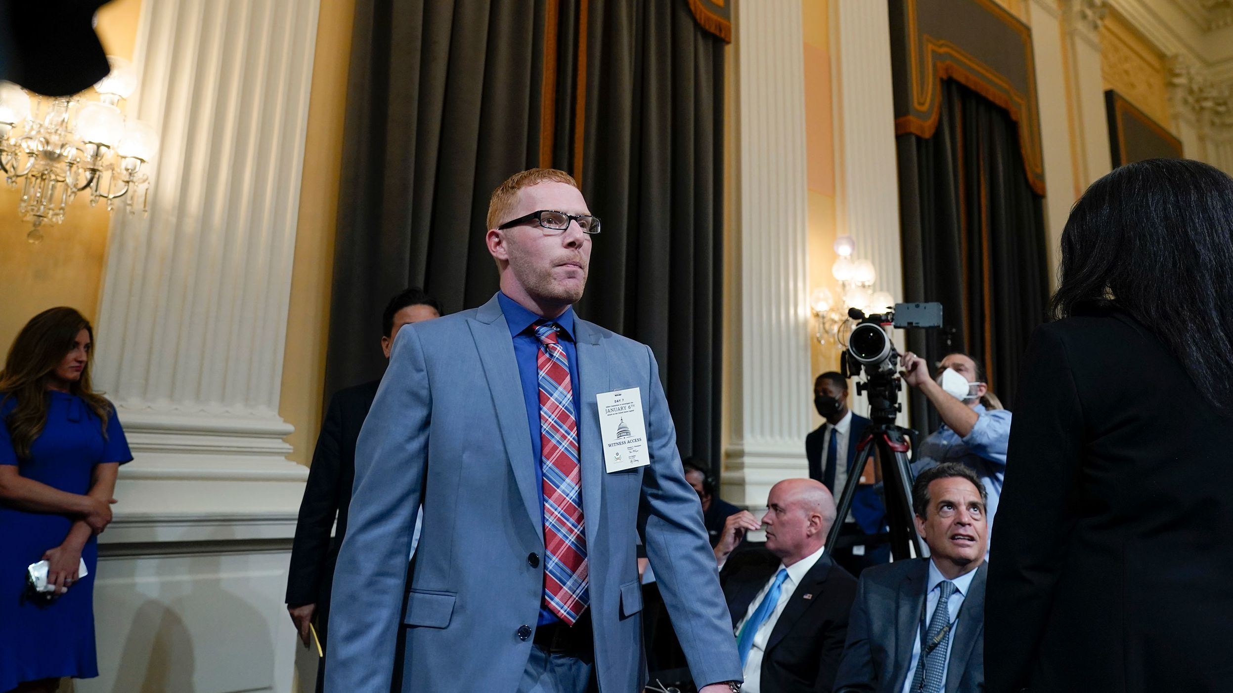 Ayres, who in June pleaded guilty to entering the Capitol illegally, arrives to testify on July 12. <a href="index.php?page=&url=https%3A%2F%2Fwww.cnn.com%2Fpolitics%2Flive-news%2Fjanuary-6-hearings-july-12%2Fh_b3aeb2734cbef30a181e581644c7425b" target="_blank">Ayres said in his testimony</a> that he believed that Trump would be marching to the Capitol with his supporters on January 6: "I think everybody thought he would be coming down. He said in his speech ... it was kind of like he was going to be there with us. ... I believed it."
