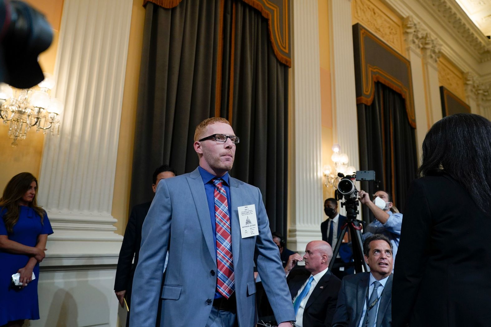 Ayres, who in June pleaded guilty to entering the Capitol illegally, arrives to testify on July 12. <a href="index.php?page=&url=https%3A%2F%2Fwww.cnn.com%2Fpolitics%2Flive-news%2Fjanuary-6-hearings-july-12%2Fh_b3aeb2734cbef30a181e581644c7425b" target="_blank">Ayres said in his testimony</a> that he believed that Trump would be marching to the Capitol with his supporters on January 6: "I think everybody thought he would be coming down. He said in his speech ... it was kind of like he was going to be there with us. ... I believed it."