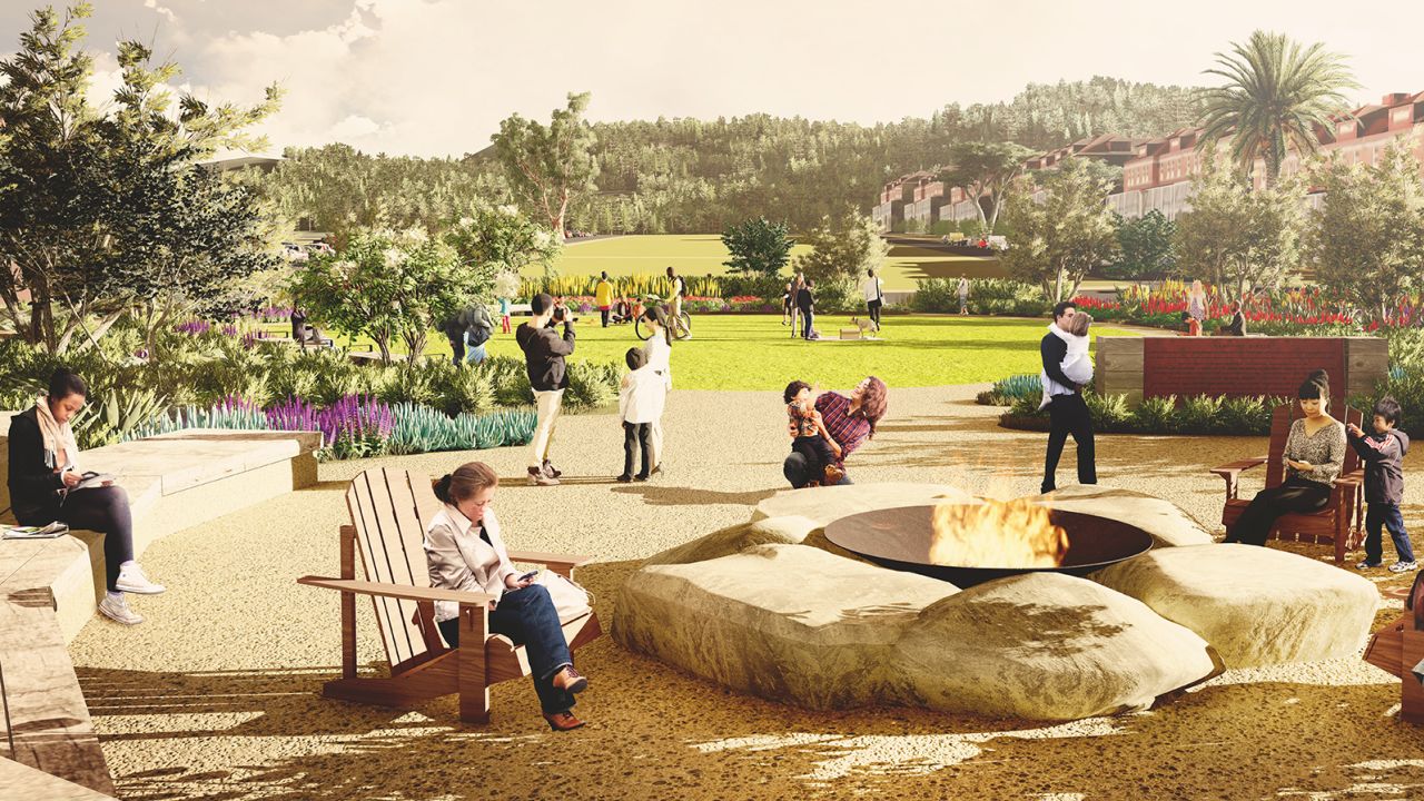 This rendering shows the Campfire Circle, with a central gas firepit and seating for up to 75. It's planned as a spot for ranger talks or community gatherings. 
