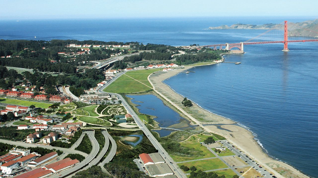 The aerial rendering shows how the Presidio Tunnel Tops will fit into the larger Presidio area.