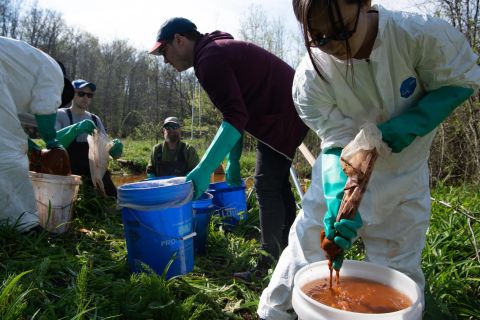 Sabraw and Riefler joined forces to create paint from the pollution. The project began with them collecting thousands of five-gallon buckets of AMD from a site in Corning, Ohio, with the help of grad students and volunteers.