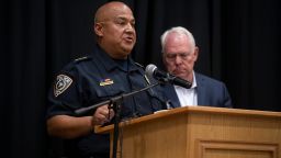 May 24, 2022; Uvalde, TX, USA; Uvalde police chief Pete Arredondo speaks at a press conference following the shooting at Robb Elementary School in Uvalde, Texas on Tuesday, May 24, 2022. The shooting killed 18 children and 2 adults. Mandatory Credit: Mikala Compton-USA TODAY NETWORK/Sipa USA 