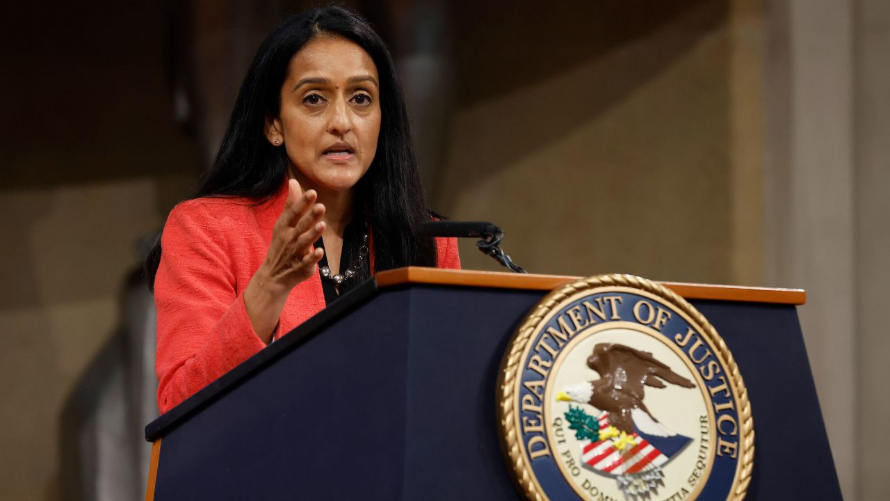 US Associate Attorney General Vanita Gupta delivers remarks at the Department of Justice Robert F. Kennedy Building on May 20, 2022, in Washington, DC. 