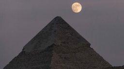 The waxing gibbous moon rises over the Pyramid of Khafre (Chephren) at the Giza Pyramids necropolis on the southwestern outskirts of the Egyptian capital on July 12, 2022 a day ahead of the July "buck supermoon". (Photo by Khaled DESOUKI / AFP) (Photo by KHALED DESOUKI/AFP via Getty Images)